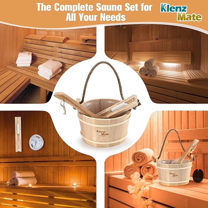 6 Pcs Sauna Accessories Kit, Bucket and Ladle Set, Thermo-Hygrometer, Sauna Hourglass, Brush, Exfoliating Volcanic Rocks, Sauna Set, Wooden Sauna Bucket, 1 Gallon (4 L) Water Capacity, Handmade