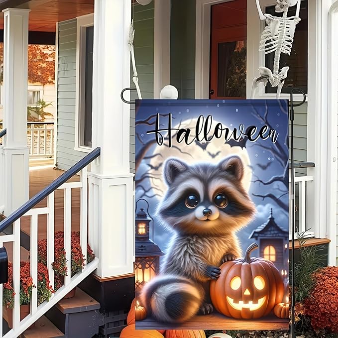 Welcome Halloween Garden Flag Fall Pumpkin Raccoon Garden Flag Vertical Double Sided 12 x 18 Inch Seasonal Autumn Thanksgiving Yard Outdoor Decoration