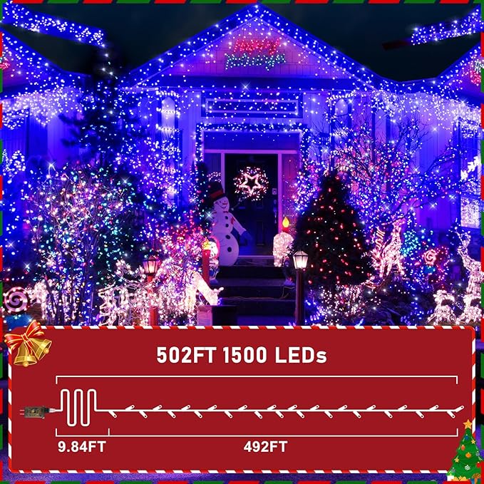 KNONEW 600FT 1500 LED Christmas String Lights Outdoor 8 Lighting Modes & Timer Dimmable Fairy Light Plug in Waterproof for Xmas Roof Yard Tree Wedding Party Holiday Decorations (Blue)