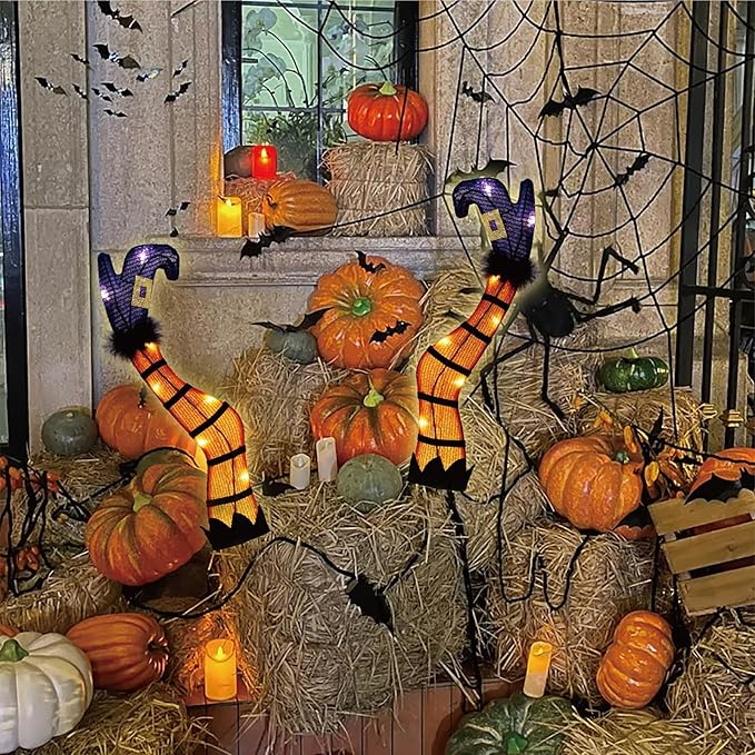 Halloween Lighted Witch Legs with Stakes, 22" Light Up Witch Feet with Timer & 8 Lighting Modes, Battery Operated Witch Decor for Indoor Outdoor Porch Planter Garden Decor(17" Leg+5" Stake)