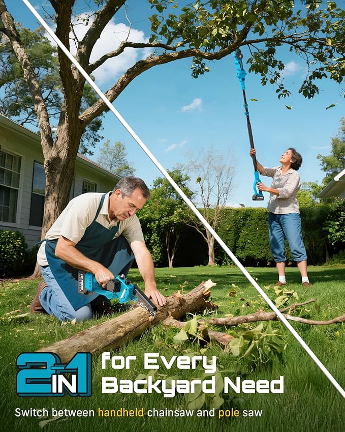 SEESII 2-in-1 Cordless Pole Saws for Tree Trimming, 6 Inch Mini Electric Chainsaw with 2 x 4000mAh Batteries, Battery Powered Chain Saw with Extension Pole, Tree Trimmer Limb Branch Cutter Pruner