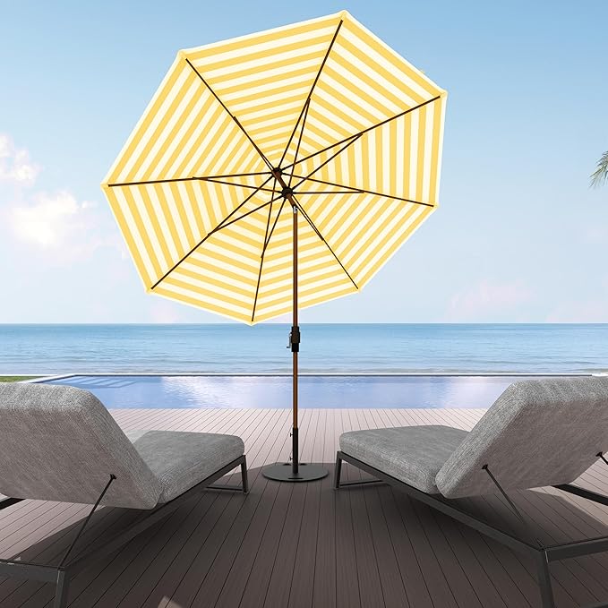 Midtown Umbrellas Wooden 2-8 Feet Outdoor Patio Umbrella, Terylast White & Yellow Stripes Fabric, Aluminum Frame For Backyard Umbrella, Deck Umbrella, Garden Umbrella & Pool Umbrella - Wooden Pole