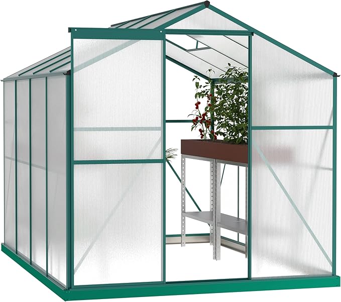 Favfurish 8x6 FT Greenhouses for Outdoors, Outside Heavy Duty Walk in Green House for Garden Plants, UV Protection Adjustable Roof Vent, Thermostatic Waterproof and Insect Resistant, Green