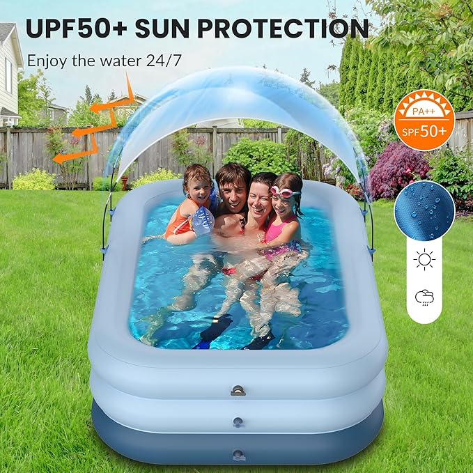 Inflatable Pool with Canopy,Upgraded 102"x67"x24" Inflatable Swimming Pool for Kids&Adults,Outdoor Blowup Pool with UV Shade&Wireless Pump,Durable Thickened Family Splash Play Center for Backyard-Blue