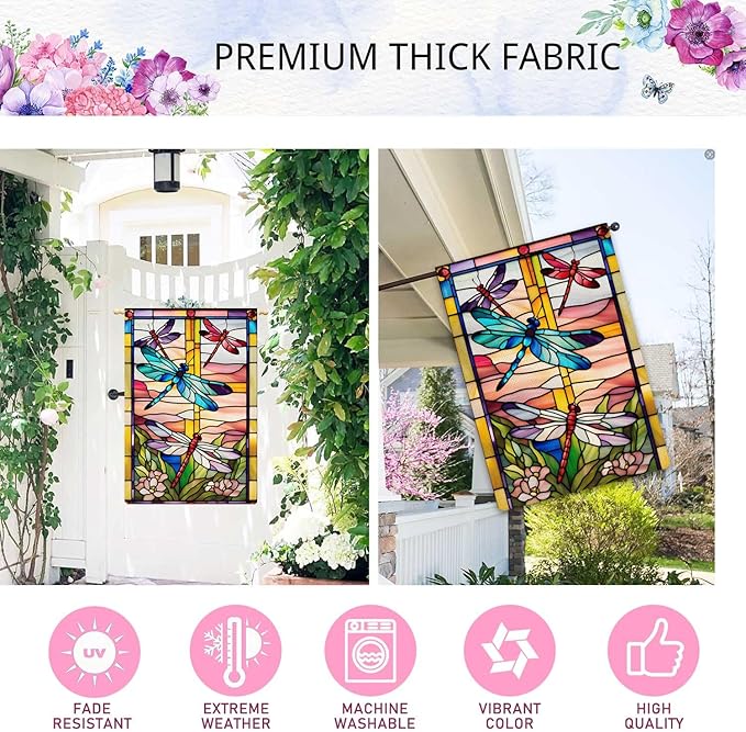 Spring Summer Dragonfly Garden Flag Stained Glass Style Flowers Garden Flag Vertical Double Sided Rustic Farmland Burlap Yard Lawn Outdoor Decor 28x40"