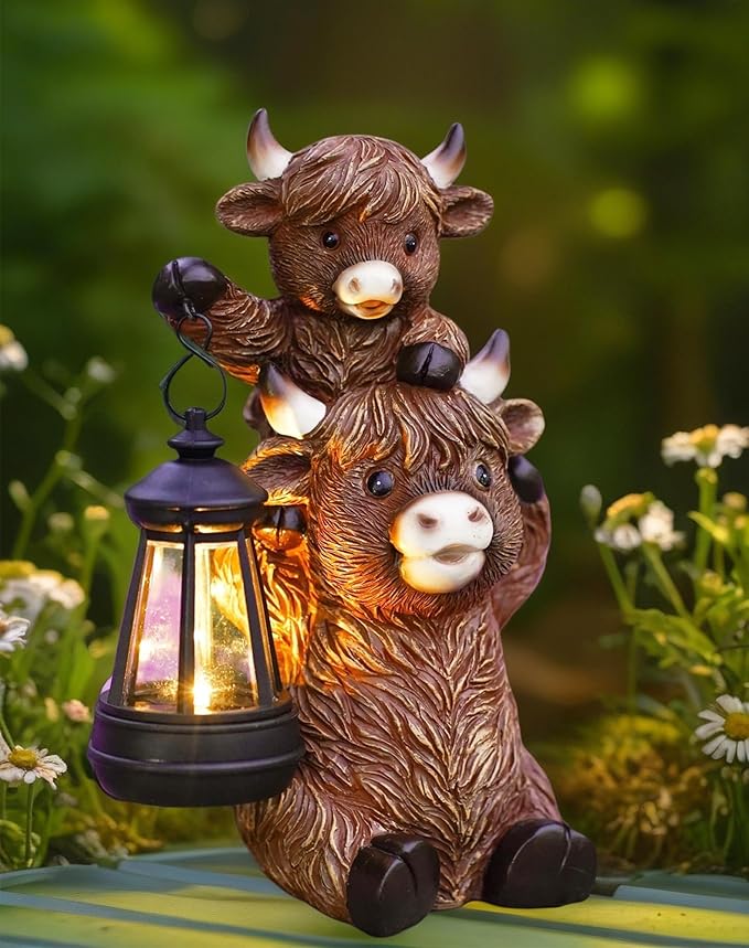 Solar Highland Cow Garden Decor - Resin Cow Statue with Solar Lantern Outdoor Yard Patio Decor - Ideal Gifts for Women,Mom Men (Copper)