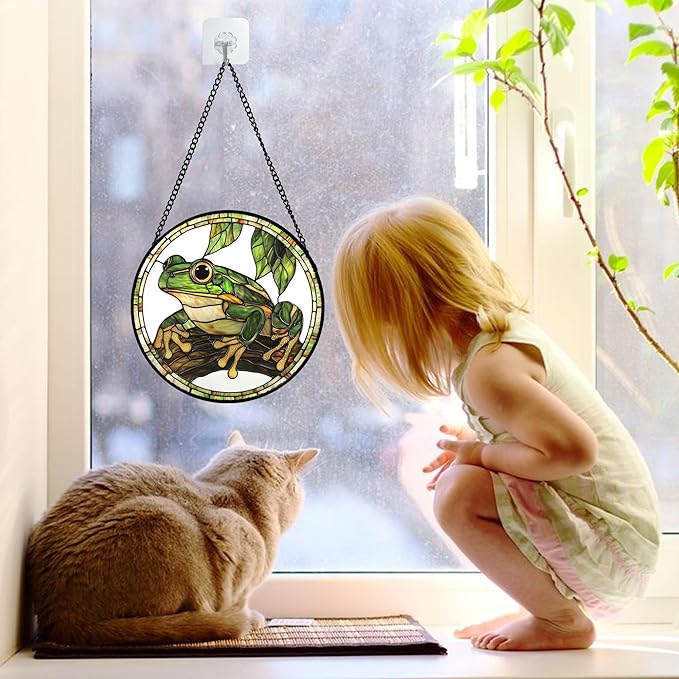 Stained Glass Window Hanging, Frog Green Leaf Sun Catchers Colorful Glass Panel Cool Suncatcher Decor for Birthday for Women, Men, Wife, Aunt, and Mom 6.3 in