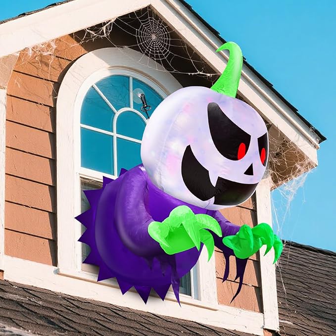 TURNMEON 4 Ft Inflatable Halloween Window Decoration, Blow Up Pumpkin Ghost Broke Out from Window Built-in Multicolored Changing Lights, Halloween Decor for Outdoor Home Party Yard Garden Lawn