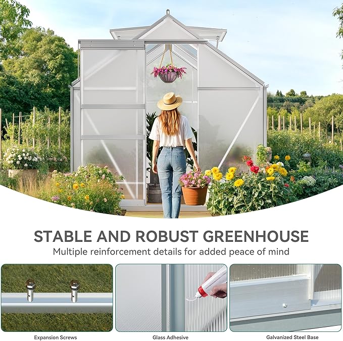 YITAHOME 6x6FT Polycarbonate Greenhouse Heavy Duty Green Houses Outdoor Greenhouses Aluminum Sliding Doors Vent Window Large Sun House for Garden Backyard, Silver