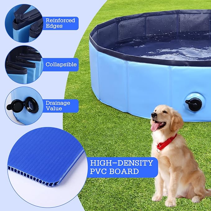 Foldable Dog Pool, Portable Pet Bath Tub and Kiddie Swimming Pool, Collapsible Bathtub for Puppies, Small, Medium and Large Dogs, Cats and Kids, 39.5 x 12 in, Blue