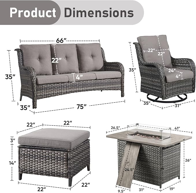 Wicker Outdoor Conversation Se with 50,000 BTU Gas Propane Fire Pit Tablet-6 Pieces Outdoor Wicker High Back Couch Patio Furniture for Deck Poolside Backyard