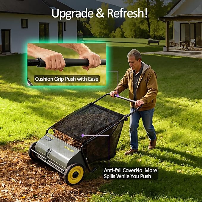 26" Push Lawn Sweeper with 7.5 cu. ft Mesh Collection Hopper Bag, 100L Leaf Bag, 4 Adjustable Height Spinning Brushes, Steel Frame & Rubber Wheels – Quick Cleaning for Leaves and Grass,Grey