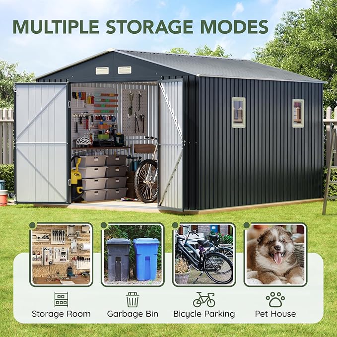 10x10 FT Outdoor Metal Storage Shed with Floor Frame, Double Swing Doors, 2 Clear Windows,Tool Shed for Garden, Patio, Backyard Nightblue