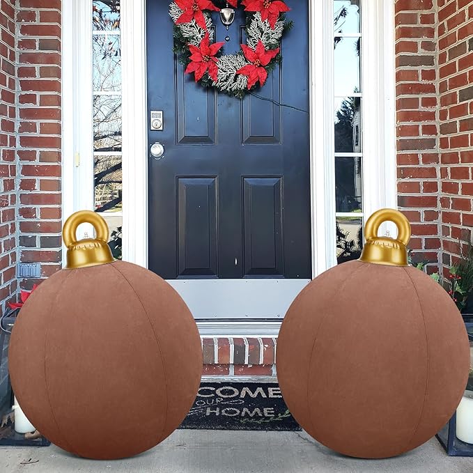 Jetec 3 Pcs 32 Inch Giant Velvet Christmas Inflatable Balls Ornament Flocked Xmas PVC Inflatable Flocked Ball Ornaments for Christmas Holiday Outdoor Blow up Yard Decor(Brown)