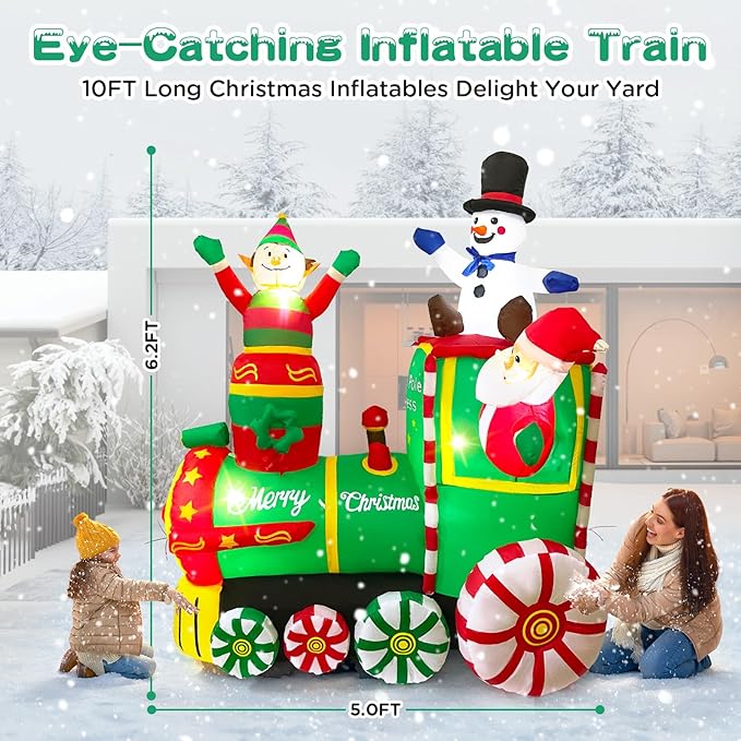 6.2FT Christmas Inflatables Train & Santa Claus Outdoor Yard Decortaions Blow-up Christmas Decor with Built-in LED Lights for Garden Lawn Party