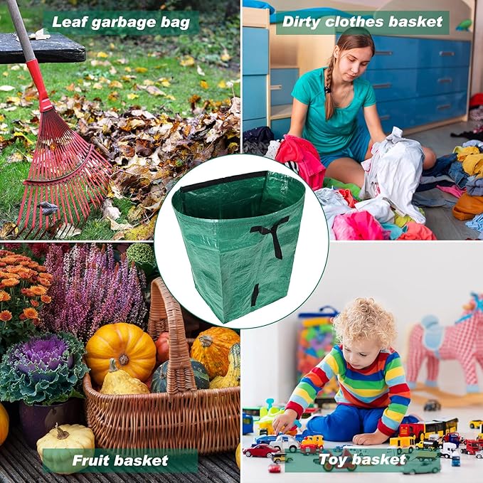 3 Pack 53 Gallon Yard Waste Bags Dustpan Type Lawn Garden Reusable Heavy Duty Leaf Bags Yard Waste Container with Reinforced Carry Handles for Leaves Debris Grass, with Gloves, Leaf Bag Holder