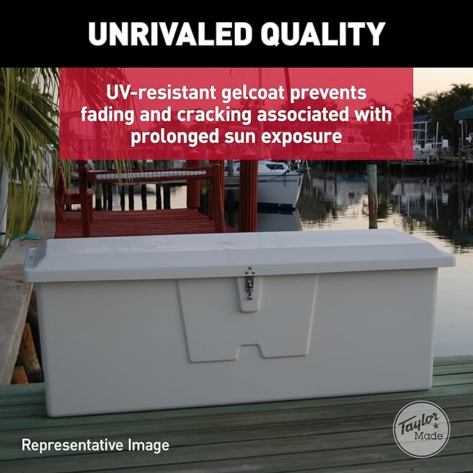 TAYLOR MADE PRODUCTS Stow 'N Go Medium Fiberglass Dock Box, White (24"H x 72"W x 23"D) – Fiberglass construction, UV gelcoat finish, stainless steel lockable latch and hardware – 2020108642