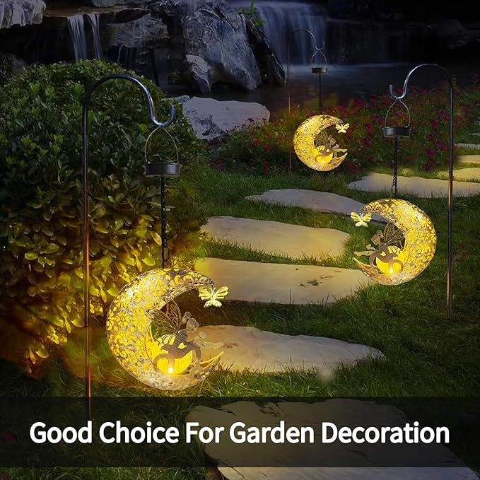 Solar Garden Fairy Statues Decor Hanging Lights,Outdoor Moon Decorations Metal Yard Art,Housewarming for Patio,Wall,Fences,Trail,Great Gift Idea for Gardening Mom and Grandma
