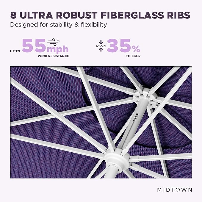 Midtown Umbrellas The Swilt 8 Feet Patio Umbrella in Sunbrella Bengali Purple Acrylic Fabric - Fiberglass Ribs, Auto-Tilt Aluminum Frame For Backyard, Deck, Garden, Pool - White Pole
