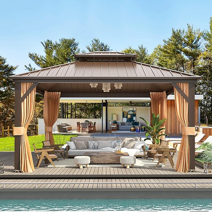 MELLCOM 12'x14' Hardtop Gazebo, Metal Double Roof Aluminum Gazebos with Curtain and Netting,Brown Permanent Galvanized Steel Pavilion for Patio, Lawn & Deck