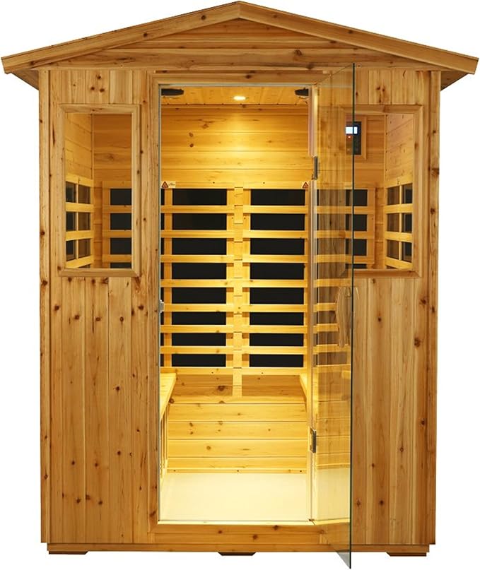 Outdoor Sauna 4 Person Infrared Saunas for Home,2050watt Canadian Hemlock Wooden Large Sauna Room with Blue-Tooth, 4 Chromo Therapy Lighting,2 LCD Control