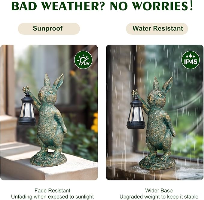 MININOVA Rabbit Garden Statues with Solar Lantern Bunny Outdoor Resin Sculpture for Patio Yard Lawn Decorations Gifts for Mother’s Day Housewarming Christmas