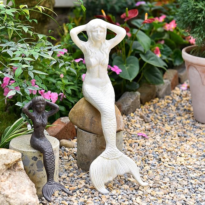 Sungmor 14.3" Tall Large Cast Iron Mermaid Statue, Sitting Mermaid Sculpture Decoration for Pool Pond Birdbath Shelf Desk, Rustic White Garden Figurines for Indoor Outdoor Fish Tank Fountain Rockeries