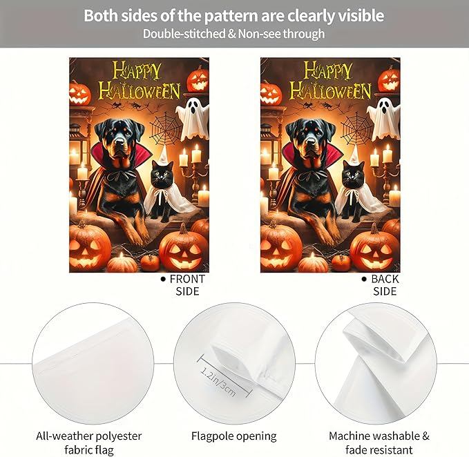 Happy Halloween Garden Flag Double Sided 12x18 Flag Halloween Cat Dog Ghosts Pumpkins Garden Flag Holiday Decoration Rottweiler Black Cat Garden Flag Porch Outdoor Yard Lawn Patio Banner