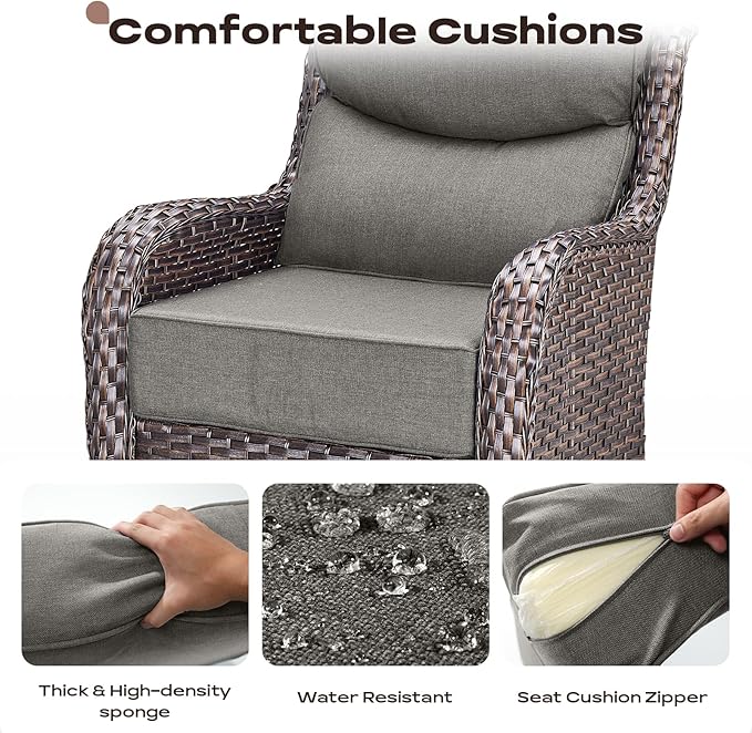 Rilyson 6 Piece Outdoor Patio Swivel Rocker Chairs, Waterproof Wicker, High Back, Deep Seating, Wide Armrest, Upgraded 6 inch Thick Cushions, Side Table, Ideal for Deck Porch Yard, Brown/Grey