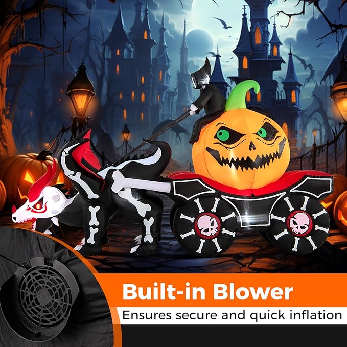 Goplus 9 FT Halloween Inflatable Outdoor Decoration, Blow up Grim Reaper Driving Pumpkin Carriage with Skeleton Dragon & Skull Wheels, Built-in LED Lights, Holiday Decorations for Garden, Yard & Lawn