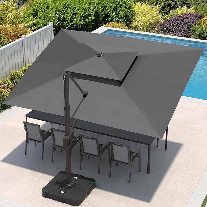 9x12 FT Cantilever Patio Umbrella Double Top Outdoor Rectangular Large Heavy Duty Aluminum Offset Umbrellas with 7 Level Tilt 360-degree Rotation for Pool Garden Deck, Grey