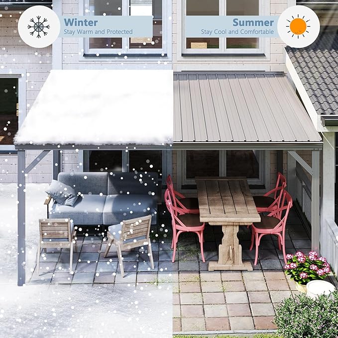 Domi 10’x14’ Wall-Mounted Hardtop Gazebo Pergola – Permanent Lean-to Outdoor Shelter with Sloped Galvanized Steel Roof & Upgraded Drainage – Grey Metal Patio Cover for Backyard, Deck, Garden