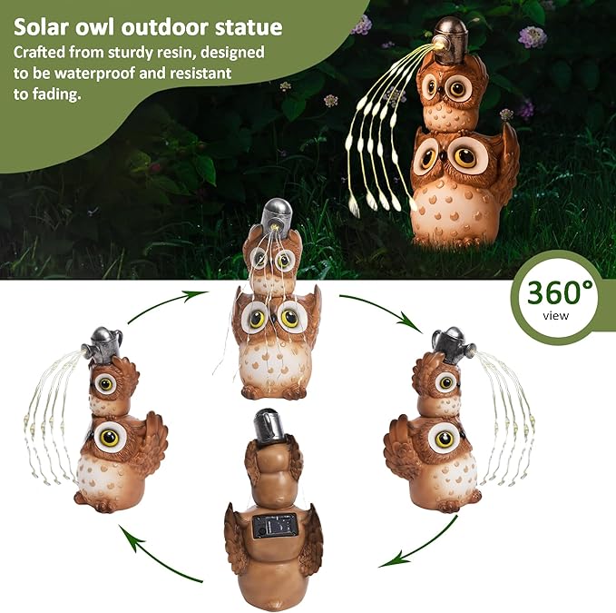 Solar Garden Statues Outdoor Decor, Watering Owl Statue Garden Decor, Resin Yard Decorations Outdoor for Patio, Porch, Balcony, Lawn Ornaments, House Warming Birthday Gifts for Mom Women Grandma