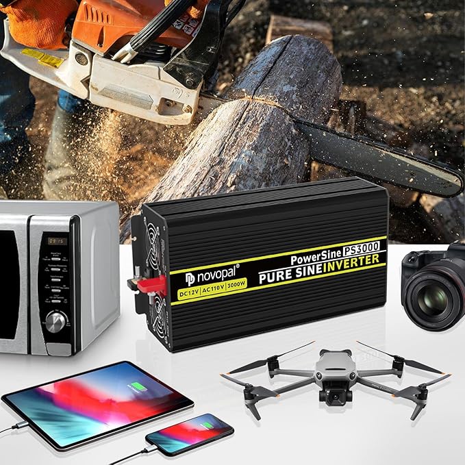 NOVOPAL 3000 watt Pure Sine Wave Inverter, 12V DC to 110V/120V AC Car Power Converter, DC-AC Power Inverter with 3 Outlets, High-Power Terminals - 16ft Remote Control, LCD Display.