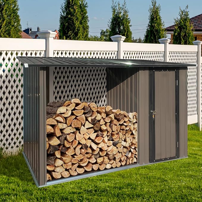 Firewood Rack Outdoor Metal Storage Shed,Two-in-one Function with Sloped Roof and Open Woodshed Design,Tall Door w/a Latch,Waterproof Building Organizer,for Motorcycle,Bicycles,Black+Brown