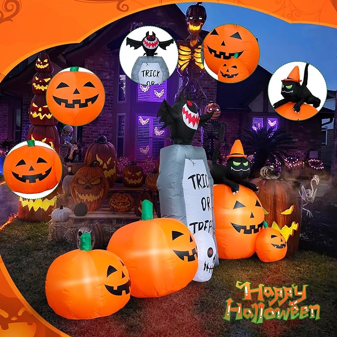 7FT Long Halloween Inflatable Pumpkin Patch with Tombstone & Black Cat & Bat, Blow up Halloween Inflatable with Build-in LED Lights Outdoor Decorations Large Party Yard Decoration