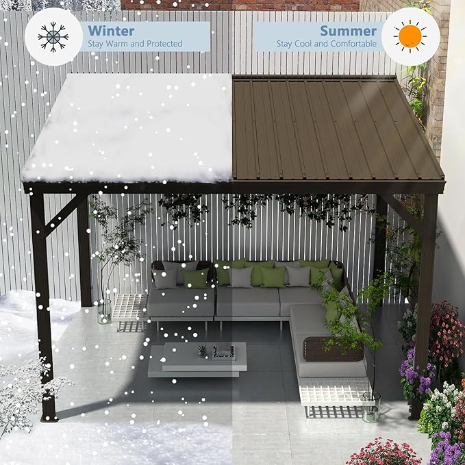 Domi 8’x10’ Wall-Mounted Hardtop Gazebo Pergola – Permanent Lean-to Outdoor Shelter with Sloped Galvanized Steel Roof & Upgraded Drainage – Grey Metal Patio Cover for Backyard, Deck, Garden,Brown