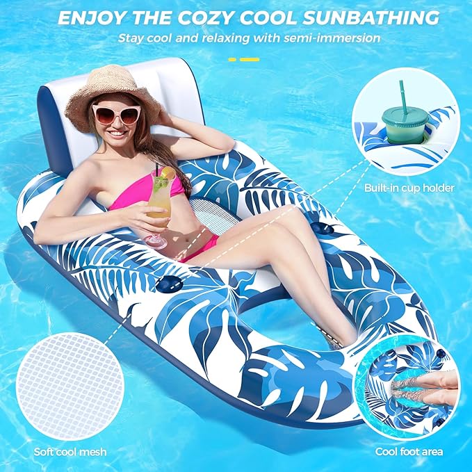 Pool Floats Adult 1-2-3 Person Inflatable Lounger, Extra Large Tanning Recliner Floaty Chair Raft with Backrest, Footrest, Cup Holder for Pool, Lake, River, Beach, Ocean & Party Use