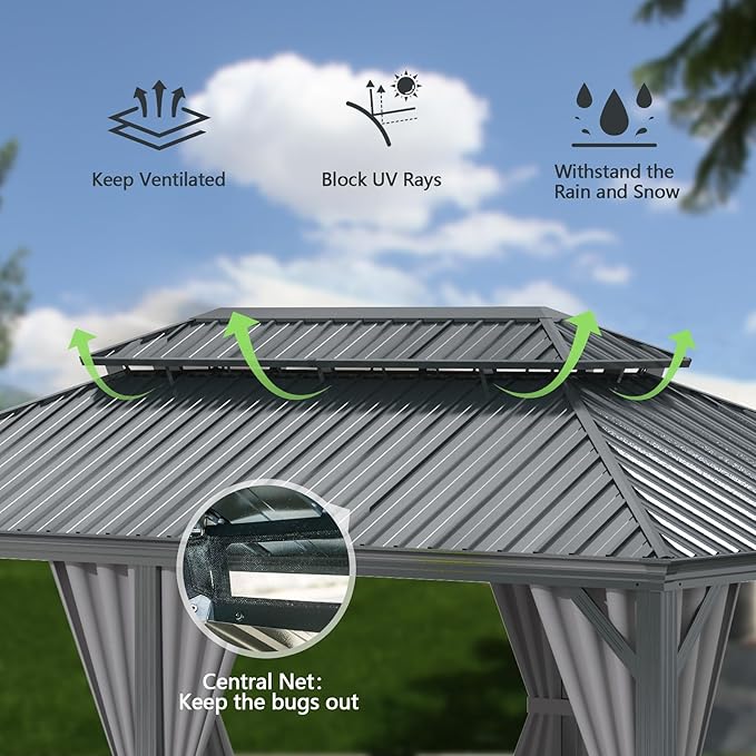 Domi 12'x18' Hardtop Gazebo Canopy Metal,Outdoor Aluminum Gazebo with Galvanized Steel Double Roof,Permanent Gazebo Pavilion for Patio Deck Backyard,Curtain and Netting,Grey
