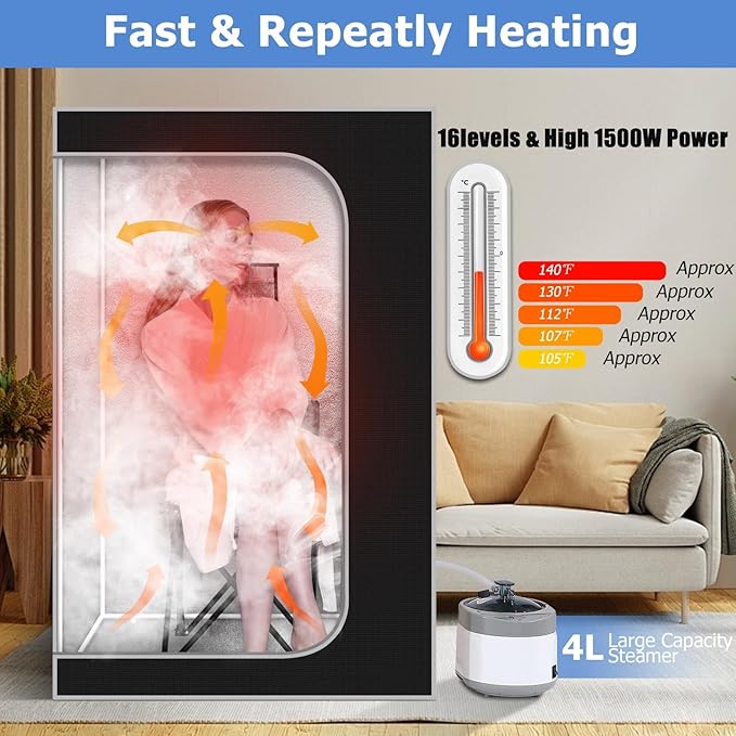 Smartmak Portable Steam Sauna, Personal Sauna Box for Home Spa, 4L Steamer, Full Body Sauna Tent with Adjustable Vision, 16 Levels, 99 Minute Timer, Remote Control, Light, Large Foldable Chair, Black