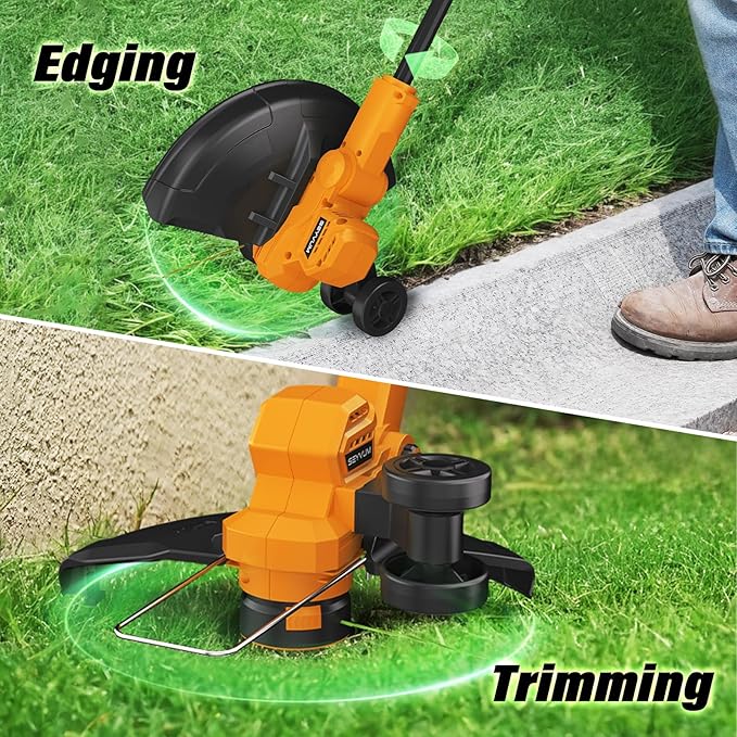SEYVUM String Trimmer, 20V 12-inch Cordless Weed Wacker with Auto Line Feed, 2 X 2.0Ah Battery Powered Lawn Edger with 8 Pcs Grass Cutter Spool Line, Fast Charger Included, Orange