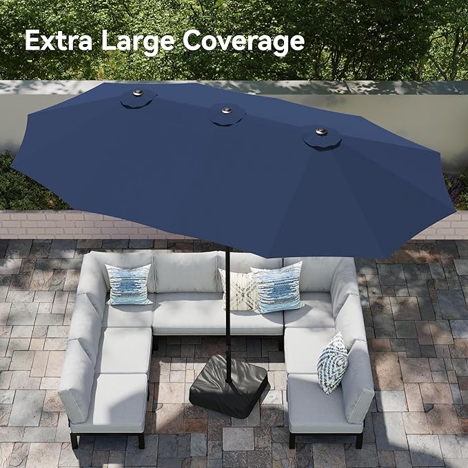 PHI VILLA 15ft Large Patio Umbrellas with Base Included, Outdoor Double-Sided Rectangle Market Umbrella with Crank Handle, for Pool Lawn Garden, Blue