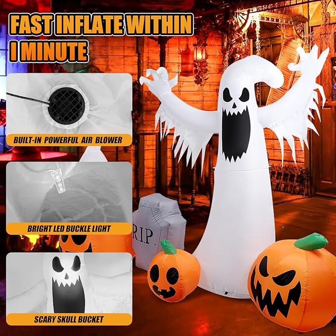 8 FT Halloween Inflatables Ghost & Pumpkins Outdoor Decorations, Inflatable Blow Up Yard Decor with Color Changing LEDs, Inflatable Decorations Outdoorfor Yard Garden