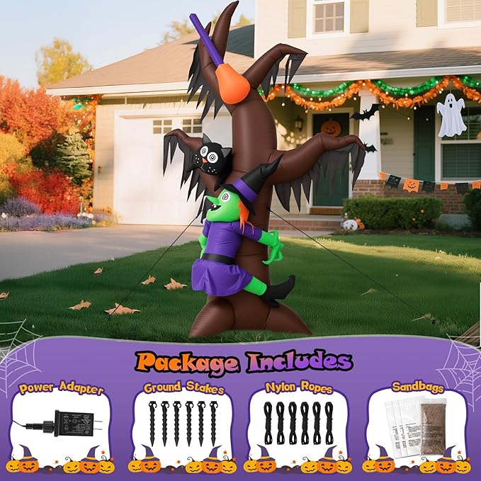 8FT Halloween Inflatables Witch Climbing Dead Tree with Cat & Broomstick, Large Blow Up Yard Decorations, Self-Inflating Spooky Outdoor Halloween Inflatable for Parties, Garden, Lawn
