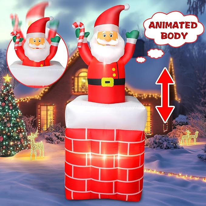 6FT Christmas Inflatables Santa Claus in The Chimney Automatic Up and Down, Outdoor Blow Up Santa Claus Yard Decorations Built-in LED Lights, Indoor Yard Party Lawn Garden Holiday Decor