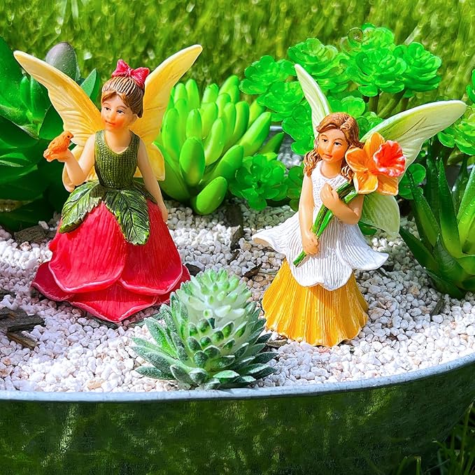 Mood Lab Fairy Garden - Miniature Fairy Figurines - Flower Girls Set of 2 pcs - Narcissus & Rose Fairies Accessories Statue Kit