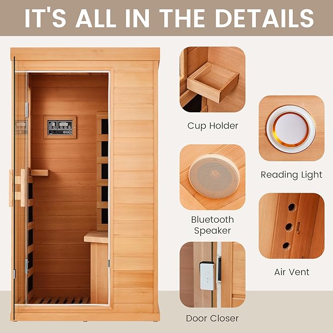1 Person Infrared Sauna, Hemlock Wooden Indoor Dry Saunas，Full Spectrum Mini Sauna with 4 Heater Panels, Bluetooth Speaker, Tempered Glass Door, Compact and Easy to Use, 110V