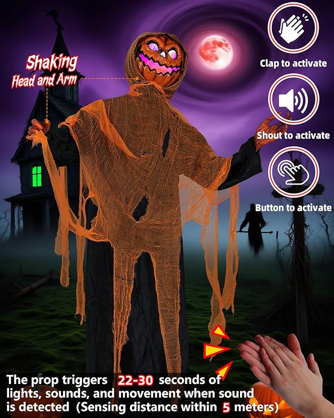Joomer Animated Halloween Decorations Outdoor, Life-Size Animatronic Standing Pumpkin Man Decoration with Spooky Sound Activated Sensor for Haunted House, Party, Indoor,Outdoor Halloween Decoration