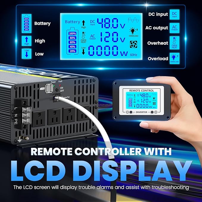 48V 2500W Pure Sine Wave Inverter 48V DC to 110V/120V AC Converter with 4AC Outlets, 5V/3.4A USB, Remote Control with on-Screen Display, Off-Grid Solar Power Inverter for Truck, Home, Vehicles, RV