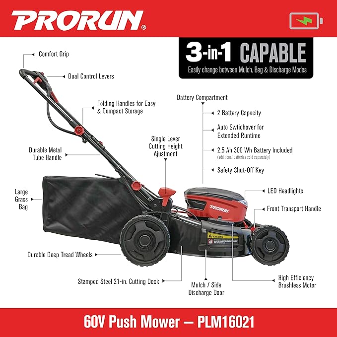 PRORUN 60V 21-in. Steel Deck Cordless Push Lawn Mower with 2.5 Ah Battery and Charger